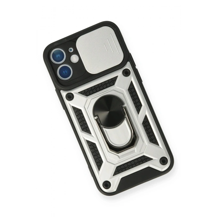 Mey İthalat®   iPhone 12 Mini Kılıf Pars Lens Yüzüklü Silikon - Gümüş