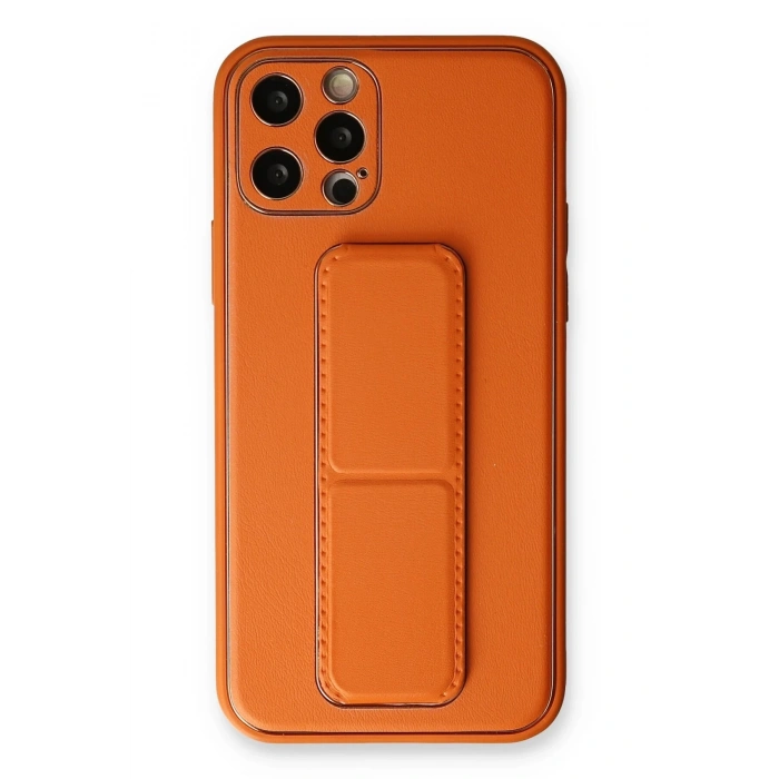 Mey İthalat®   iPhone 12 Pro Kılıf Coco Deri Standlı Kapak - Turuncu