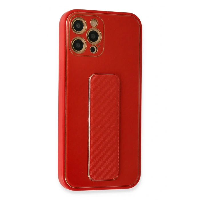 Mey İthalat®   iPhone 12 Pro Kılıf Coco Karbon Standlı Kapak - Kırmızı