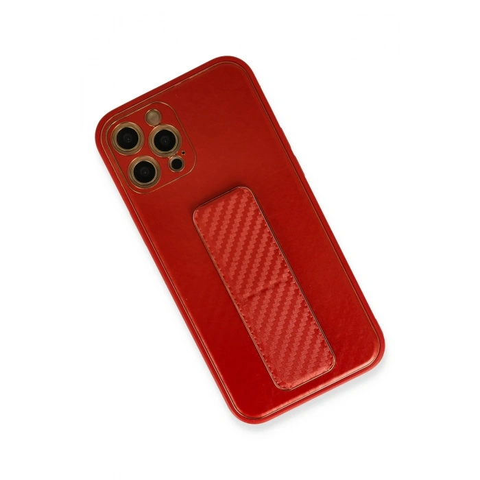Mey İthalat®   iPhone 12 Pro Kılıf Coco Karbon Standlı Kapak - Kırmızı