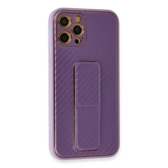Mey İthalat®   iPhone 12 Pro Kılıf Coco Karbon Standlı Kapak - Mor