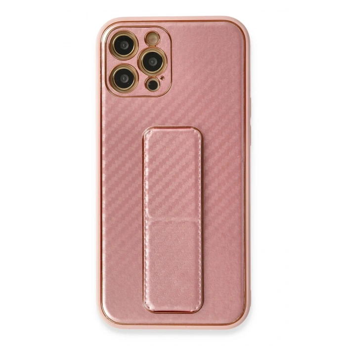 Mey İthalat®   iPhone 12 Pro Kılıf Coco Karbon Standlı Kapak - Pembe