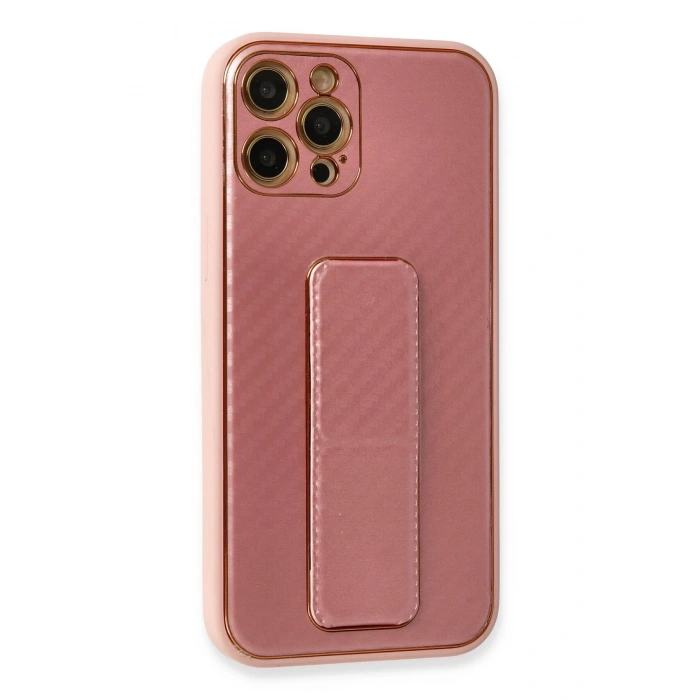 Mey İthalat®   iPhone 12 Pro Kılıf Coco Karbon Standlı Kapak - Pembe