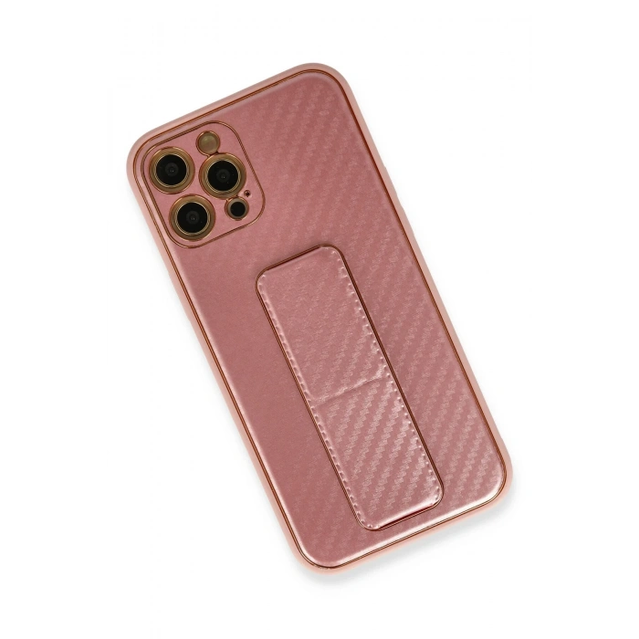 Mey İthalat®   iPhone 12 Pro Kılıf Coco Karbon Standlı Kapak - Pembe