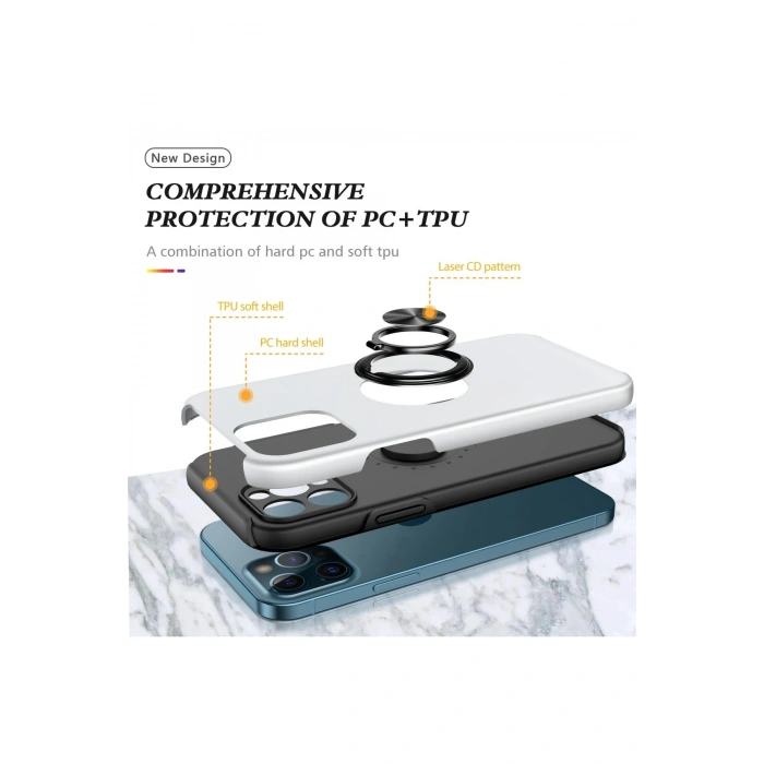 Mey İthalat®   iPhone 12 Pro Kılıf Elit Yüzüklü Kapak - Gümüş