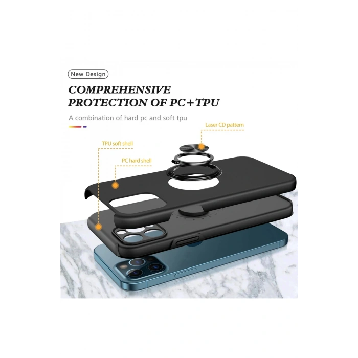Mey İthalat®   iPhone 12 Pro Kılıf Elit Yüzüklü Kapak - Siyah