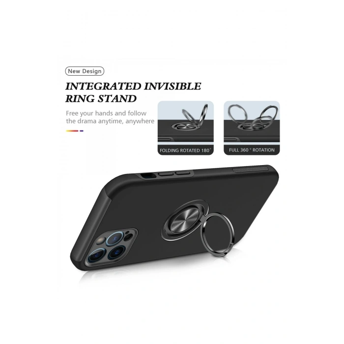 Mey İthalat®   iPhone 12 Pro Kılıf Elit Yüzüklü Kapak - Siyah