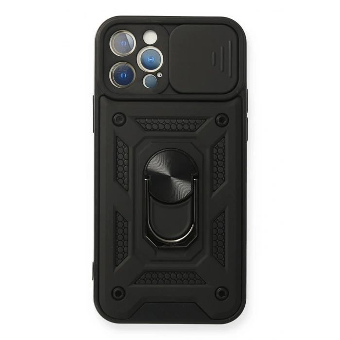 Mey İthalat®   iPhone 12 Pro Kılıf Pars Lens Yüzüklü Silikon - Siyah
