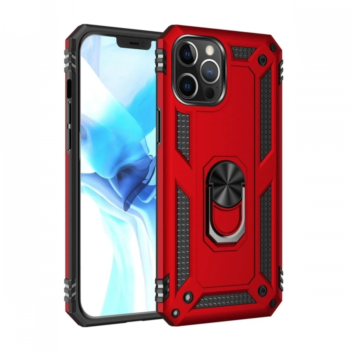 Mey İthalat®   iPhone 12 Pro Max Kılıf Sofya Yüzüklü Silikon Kapak - Kırmızı