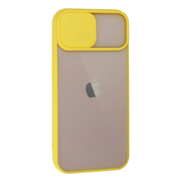 Mey İthalat®   iPhone 13 Kılıf Palm Buzlu Kamera Sürgülü Silikon - Sarı