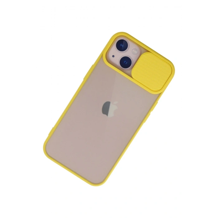 Mey İthalat®   iPhone 13 Kılıf Palm Buzlu Kamera Sürgülü Silikon - Sarı