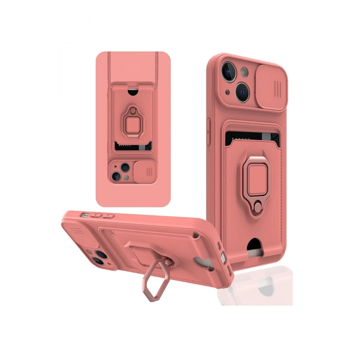 Mey İthalat®   iPhone 13 Kılıf Zuma Kartvizitli Yüzüklü Silikon - Pembe