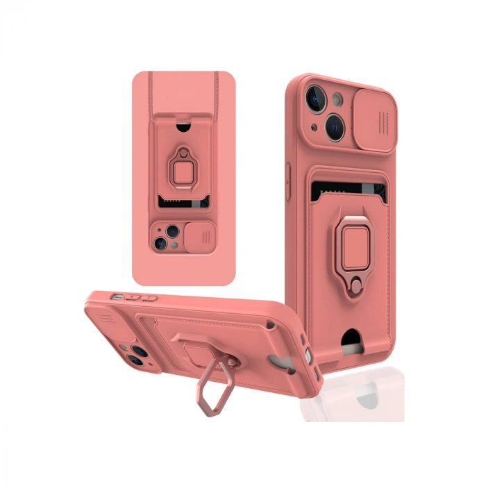 Mey İthalat®   iPhone 13 Kılıf Zuma Kartvizitli Yüzüklü Silikon - Pembe