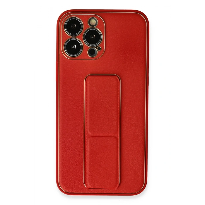 Mey İthalat®   iPhone 13 Pro Max Kılıf Coco Deri Standlı Kapak - Kırmızı