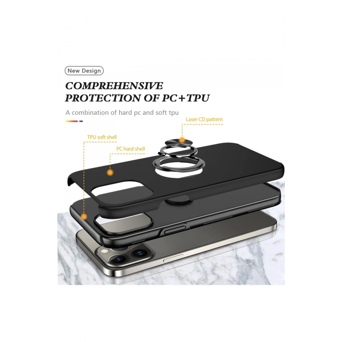 Mey İthalat®   iPhone 13 Pro Max Kılıf Elit Yüzüklü Kapak - Siyah