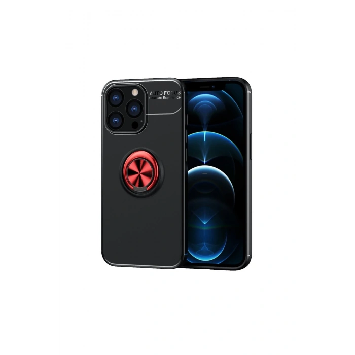 Mey İthalat®   iPhone 13 Pro Max Kılıf Range Yüzüklü Silikon - Siyah-Kırmızı
