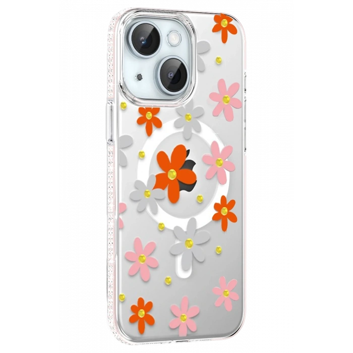 Mey İthalat®   iPhone 14 Floral Magsafe Kapak - Turuncu
