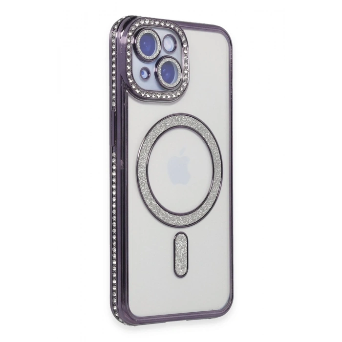 Mey İthalat®   iPhone 14 Kılıf Joke Simli Magneticsafe Kılıf - Derin Mor