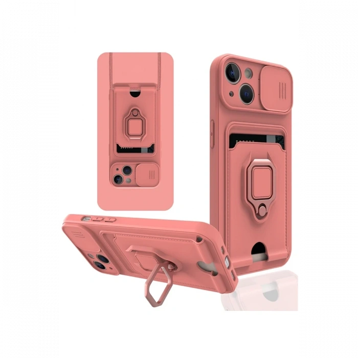Mey İthalat®   iPhone 14 Kılıf Zuma Kartvizitli Yüzüklü Silikon - Pembe