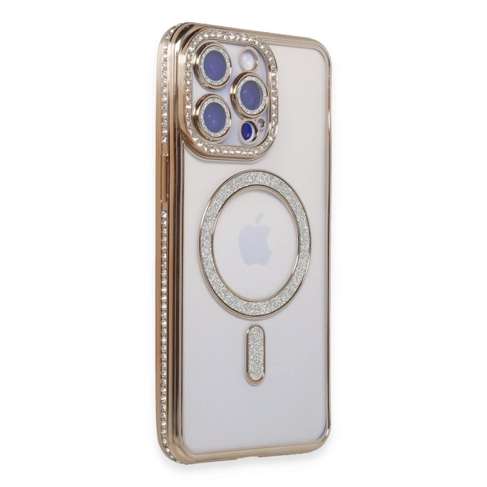 Mey İthalat®   iPhone 14 Pro Kılıf Joke Simli Magneticsafe Kılıf - Gold
