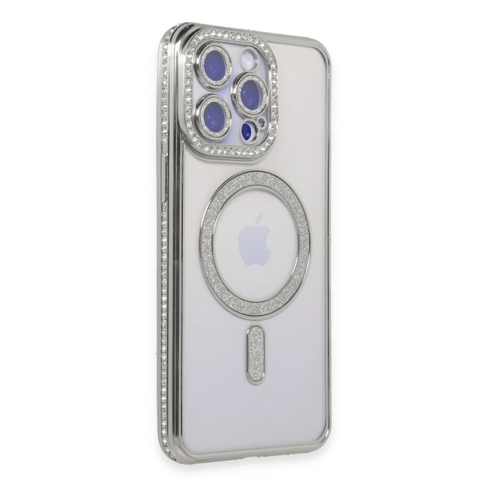 Mey İthalat®   iPhone 14 Pro Kılıf Joke Simli Magneticsafe Kılıf - Gümüş