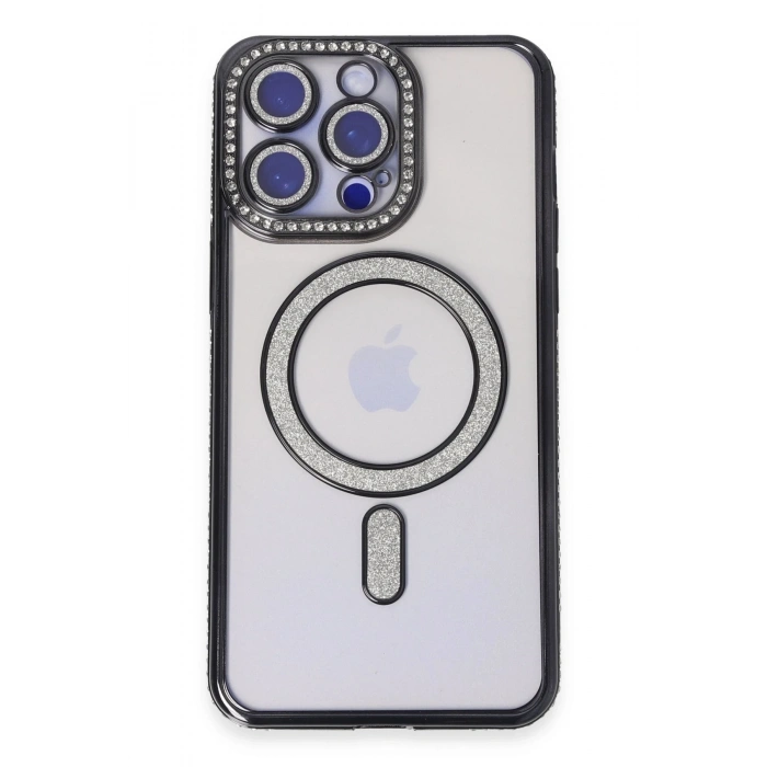 Mey İthalat®   iPhone 14 Pro Kılıf Joke Simli Magneticsafe Kılıf - Siyah