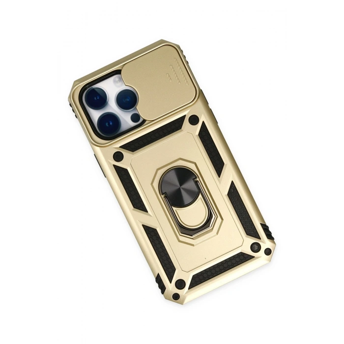 Mey İthalat®   iPhone 14 Pro Kılıf Pars Lens Yüzüklü Silikon - Gold