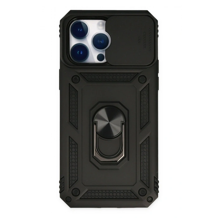 Mey İthalat®   iPhone 14 Pro Kılıf Pars Lens Yüzüklü Silikon - Siyah