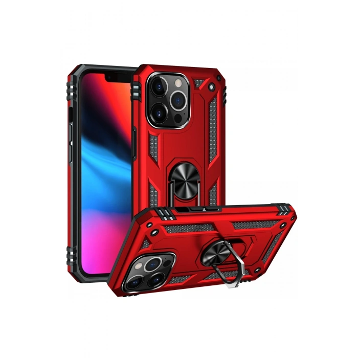 Mey İthalat®   iPhone 14 Pro Kılıf Sofya Yüzüklü Silikon Kapak - Kırmızı