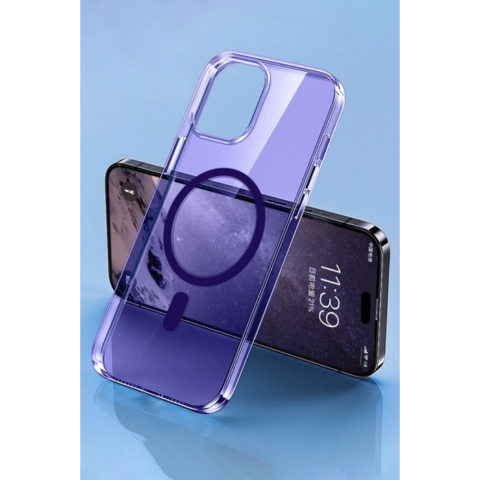 Mey İthalat®   iPhone 14 Pro Kılıf Tron Şeffaf Magsafe Kapak - Derin Mor