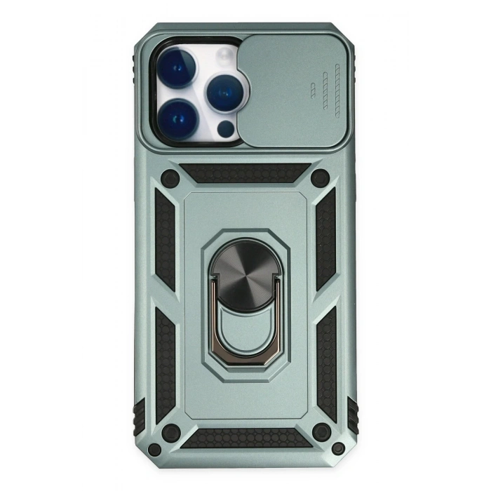 Mey İthalat®   iPhone 14 Pro Max Kılıf Pars Lens Yüzüklü Silikon - Yeşil