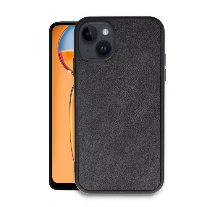 Mey İthalat®   iPhone 15 Kılıf Aras Deri Kapak - Siyah