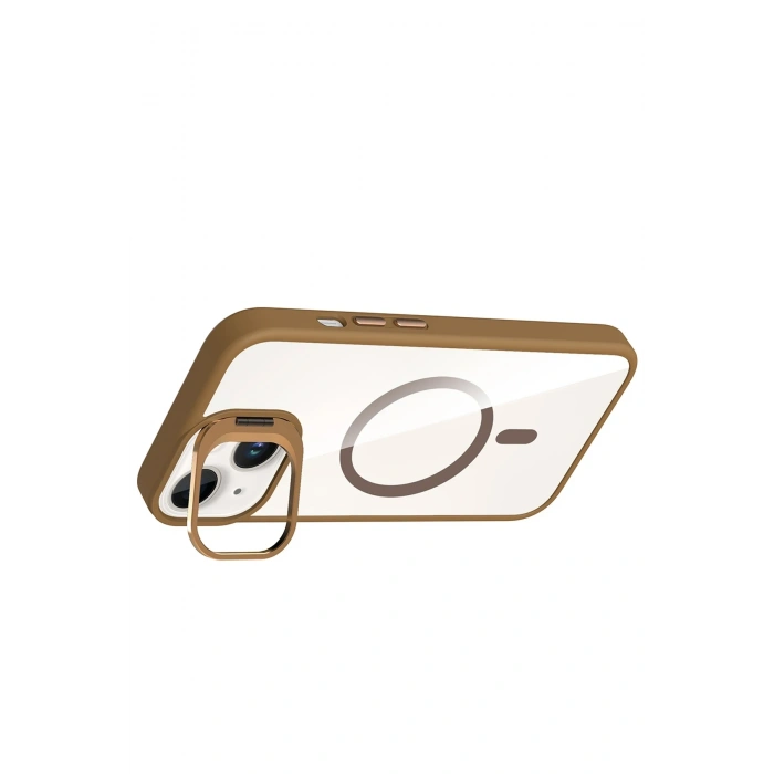 Mey İthalat®   iPhone 15 Plus Remim Lensli Magsafe Standlı Kapak - Kahverengi
