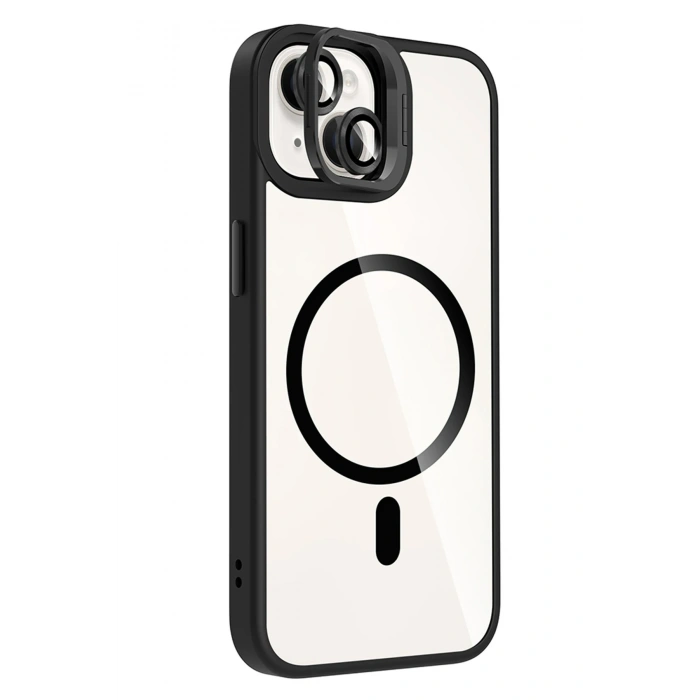 Mey İthalat®   iPhone 15 Plus Remim Lensli Magsafe Standlı Kapak - Siyah