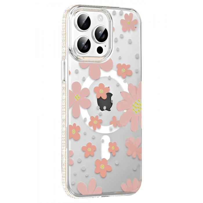 Mey İthalat®   iPhone 15 Pro Floral Magsafe Kapak - Pembe