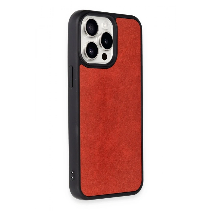 Mey İthalat®   iPhone 15 Pro Kılıf Aras Deri Kapak - Kırmızı