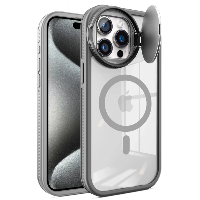 Mey İthalat®   iPhone 15 Pro Kılıf Teleskop Lens Magsafe Silikon Kapak - Titan Gri