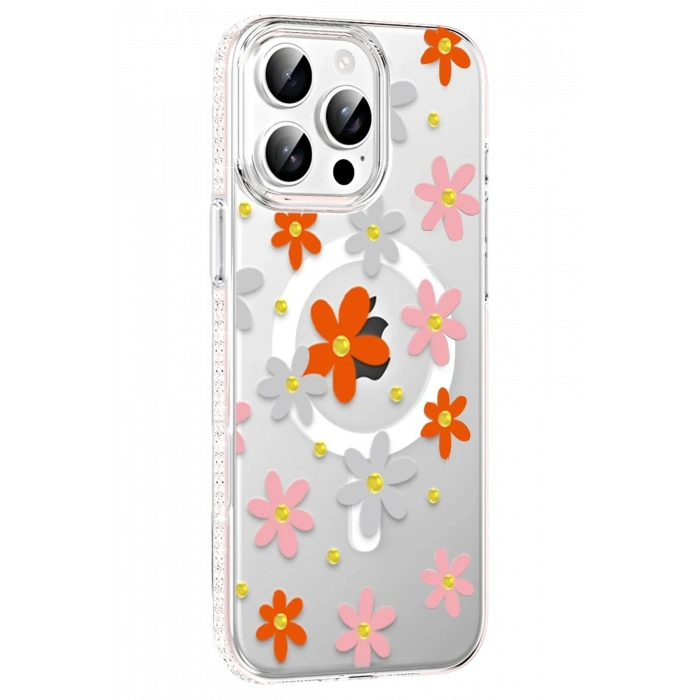 Mey İthalat®   iPhone 15 Pro Max Floral Magsafe Kapak - Turuncu