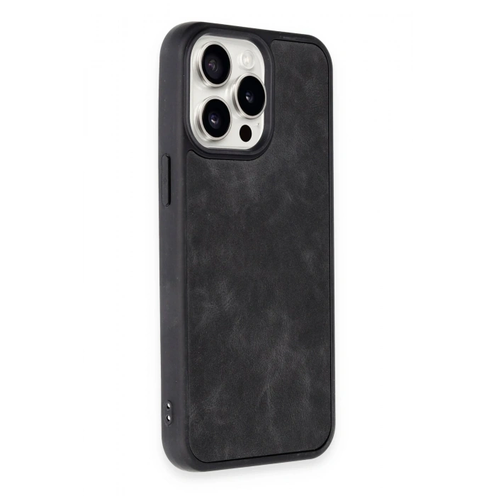 Mey İthalat®   iPhone 15 Pro Max Kılıf Aras Deri Kapak - Siyah