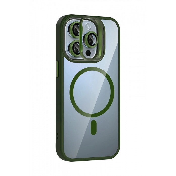 Mey İthalat®   iPhone 15 Pro Max Remim Lensli Magsafe Standlı Kapak - Koyu Yeşil