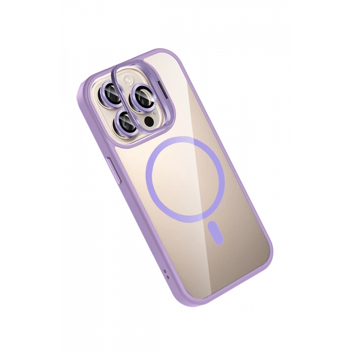 Mey İthalat®   iPhone 15 Pro Max Remim Lensli Magsafe Standlı Kapak - Lila