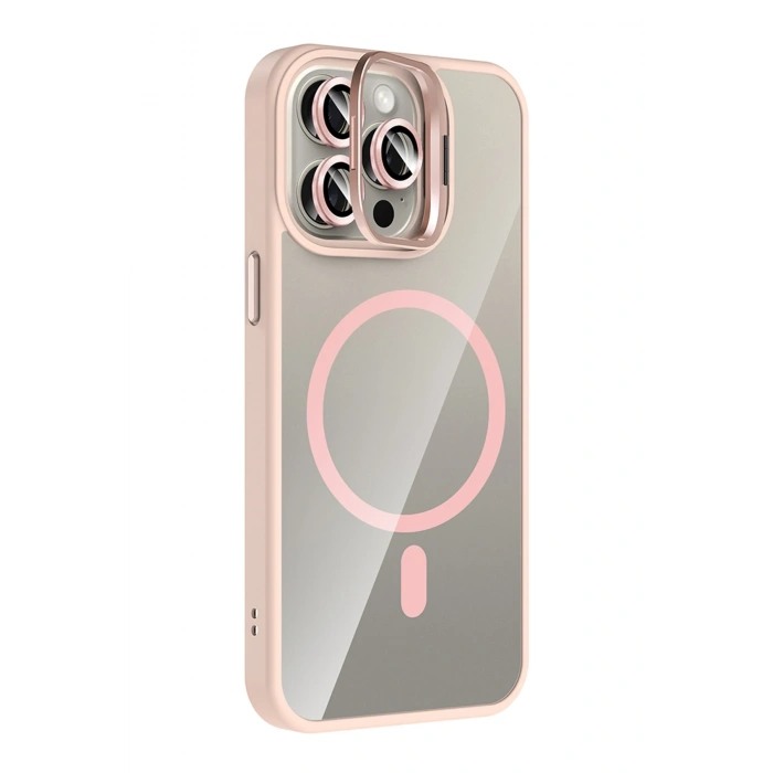 Mey İthalat®   iPhone 15 Pro Max Remim Lensli Magsafe Standlı Kapak - Pembe