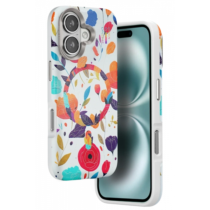 Mey İthalat®   iPhone 16 Flower Series Magsafe Kapak - Beyaz