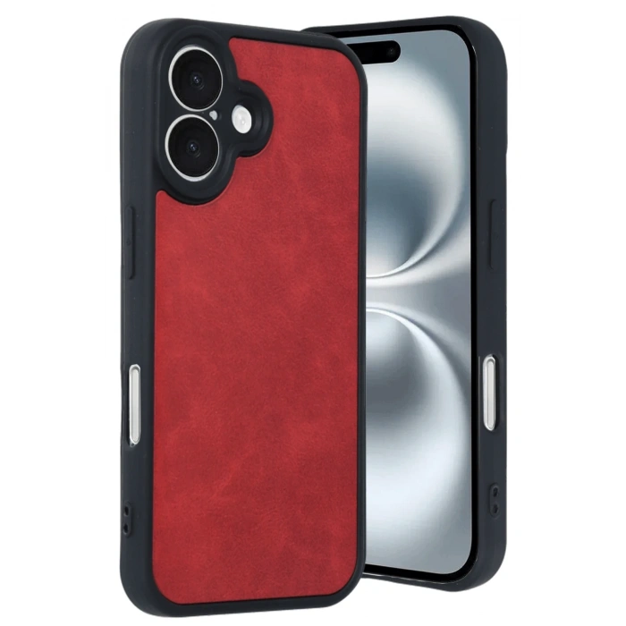 Mey İthalat®   iPhone 16 Kılıf Aras Deri Kapak - Kırmızı