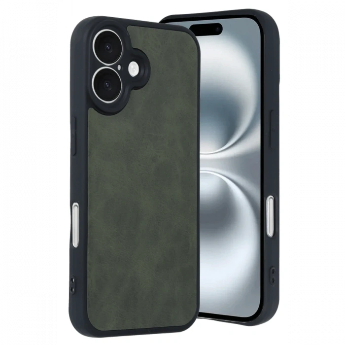 Mey İthalat®   iPhone 16 Kılıf Aras Deri Kapak - Koyu Yeşil