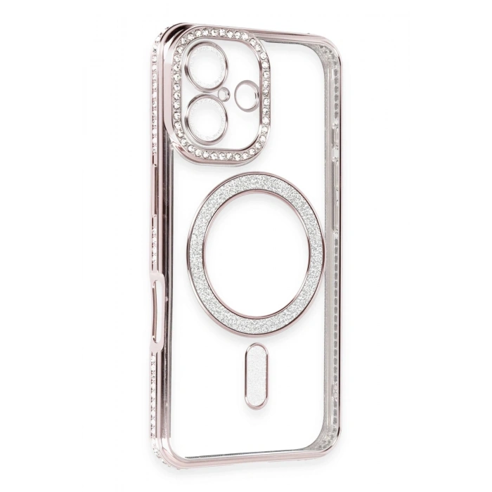 Mey İthalat®   iPhone 16 Kılıf Joke Simli Magneticsafe Kılıf - Pembe