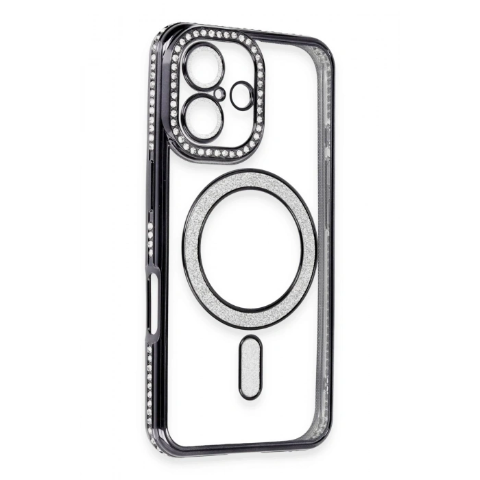 Mey İthalat®   iPhone 16 Kılıf Joke Simli Magneticsafe Kılıf - Siyah