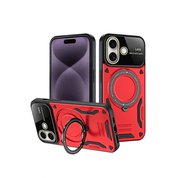 Mey İthalat®   iPhone 16 Kılıf Joy Lens Standlı Kapak - Kırmızı