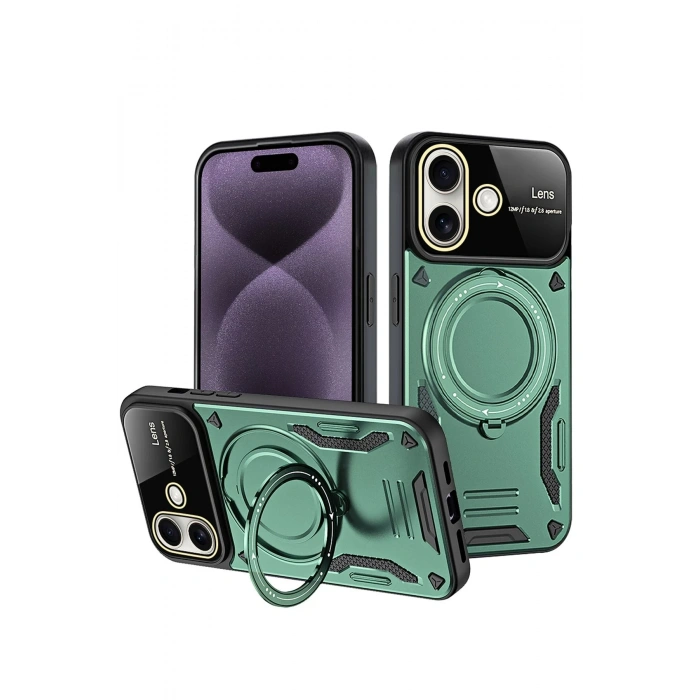 Mey İthalat®   iPhone 16 Kılıf Joy Lens Standlı Kapak - Koyu Yeşil