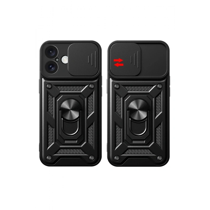 Mey İthalat®   iPhone 16 Kılıf Pars Lens Yüzüklü Silikon - Siyah